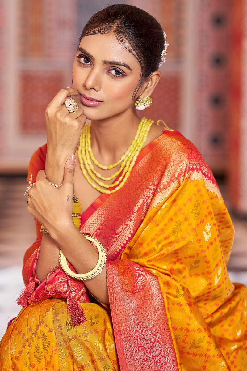 Glittering Yellow Soft Banarasi Silk Saree With Scintillating Blouse Piece