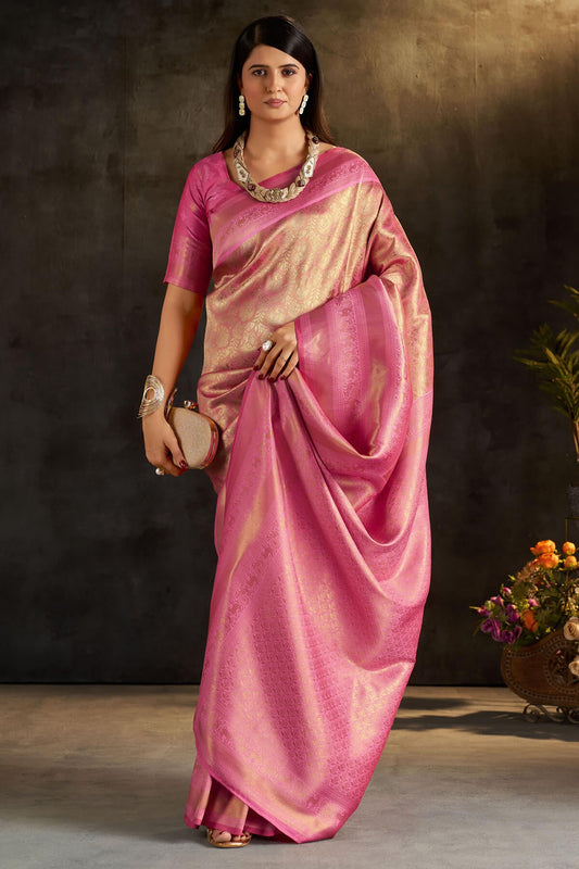 Amazing Baby Pink Pure Banarasi Silk Saree With Magnificat Blouse Piece