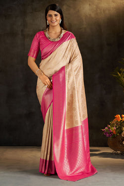 Lissome Beige Pure Banarasi Silk Saree With Imaginative Blouse Piece