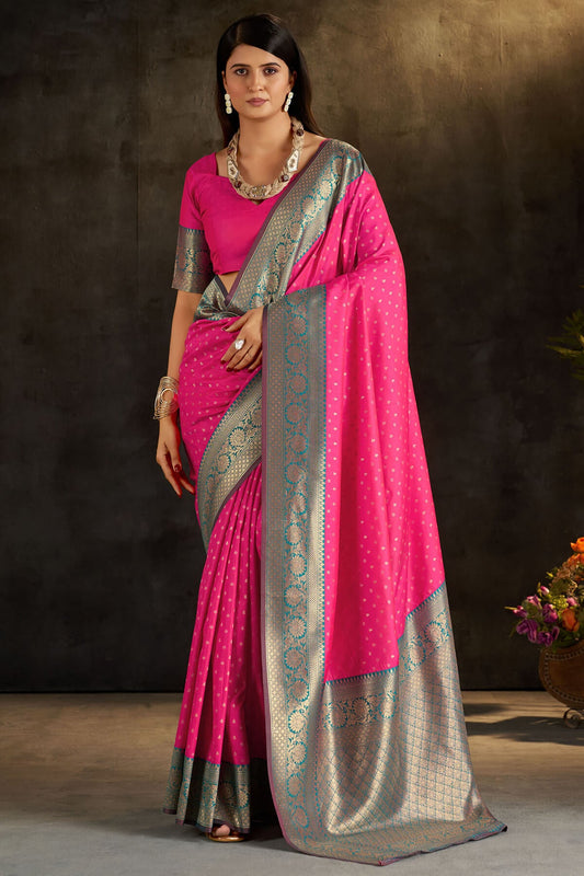 Cynosure Dark Pink Pure Banarasi Silk Saree With Bucolic Blouse Piece