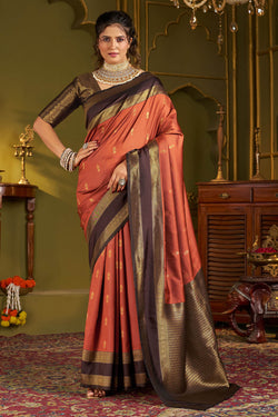 Majesty Orange Pure Banarasi Silk Saree With Ethnic Blouse Piece