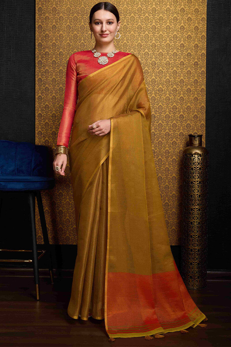Beleaguer Mustard Soft Banarasi Tissue Silk Saree With Invaluable Blouse Piece