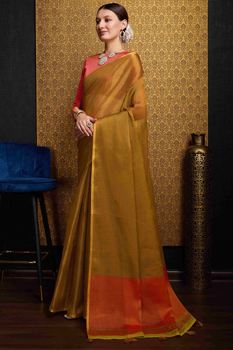 Beleaguer Mustard Soft Banarasi Tissue Silk Saree With Invaluable Blouse Piece