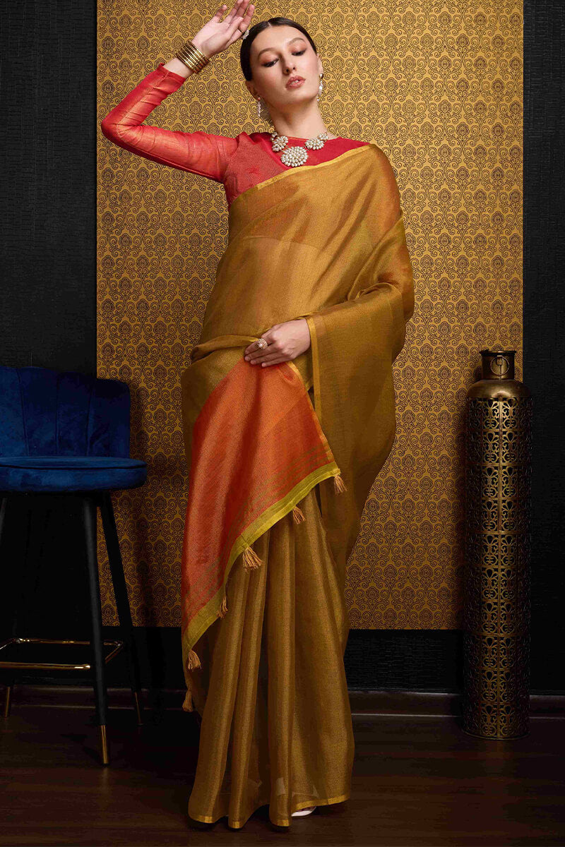 Beleaguer Mustard Soft Banarasi Tissue Silk Saree With Invaluable Blouse Piece