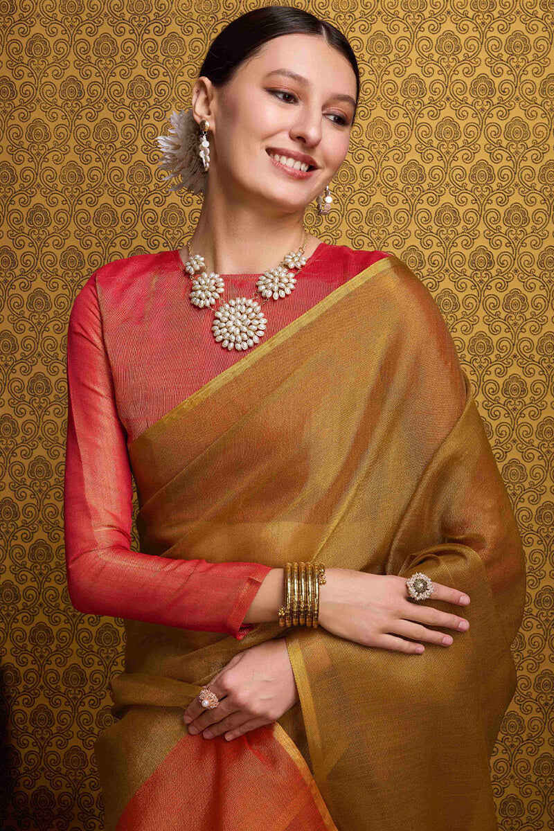 Beleaguer Mustard Soft Banarasi Tissue Silk Saree With Invaluable Blouse Piece