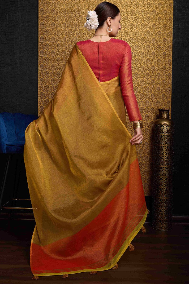 Beleaguer Mustard Soft Banarasi Tissue Silk Saree With Invaluable Blouse Piece