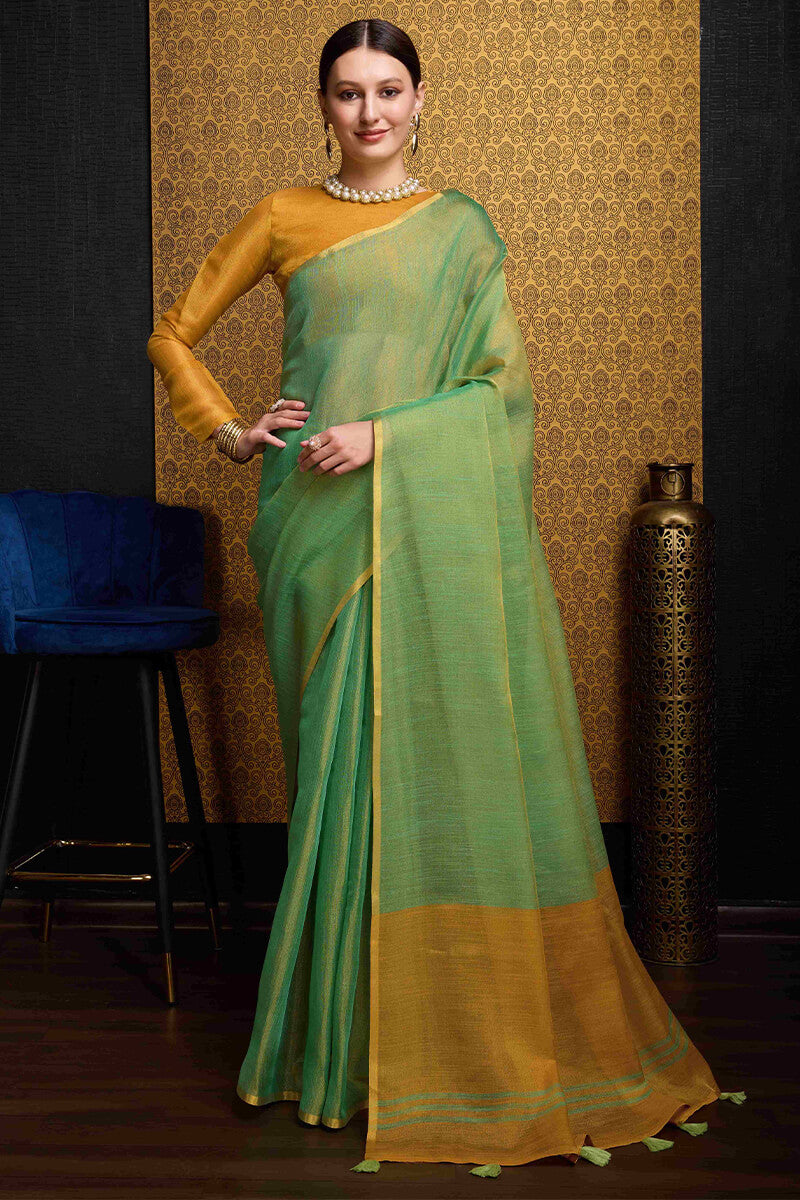 Ailurophile Sea Green Soft Banarasi Tissue Silk Saree With Marvellous Blouse Piece