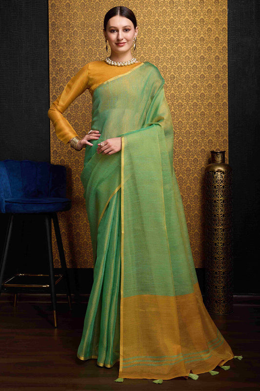 Ailurophile Sea Green Soft Banarasi Tissue Silk Saree With Marvellous Blouse Piece