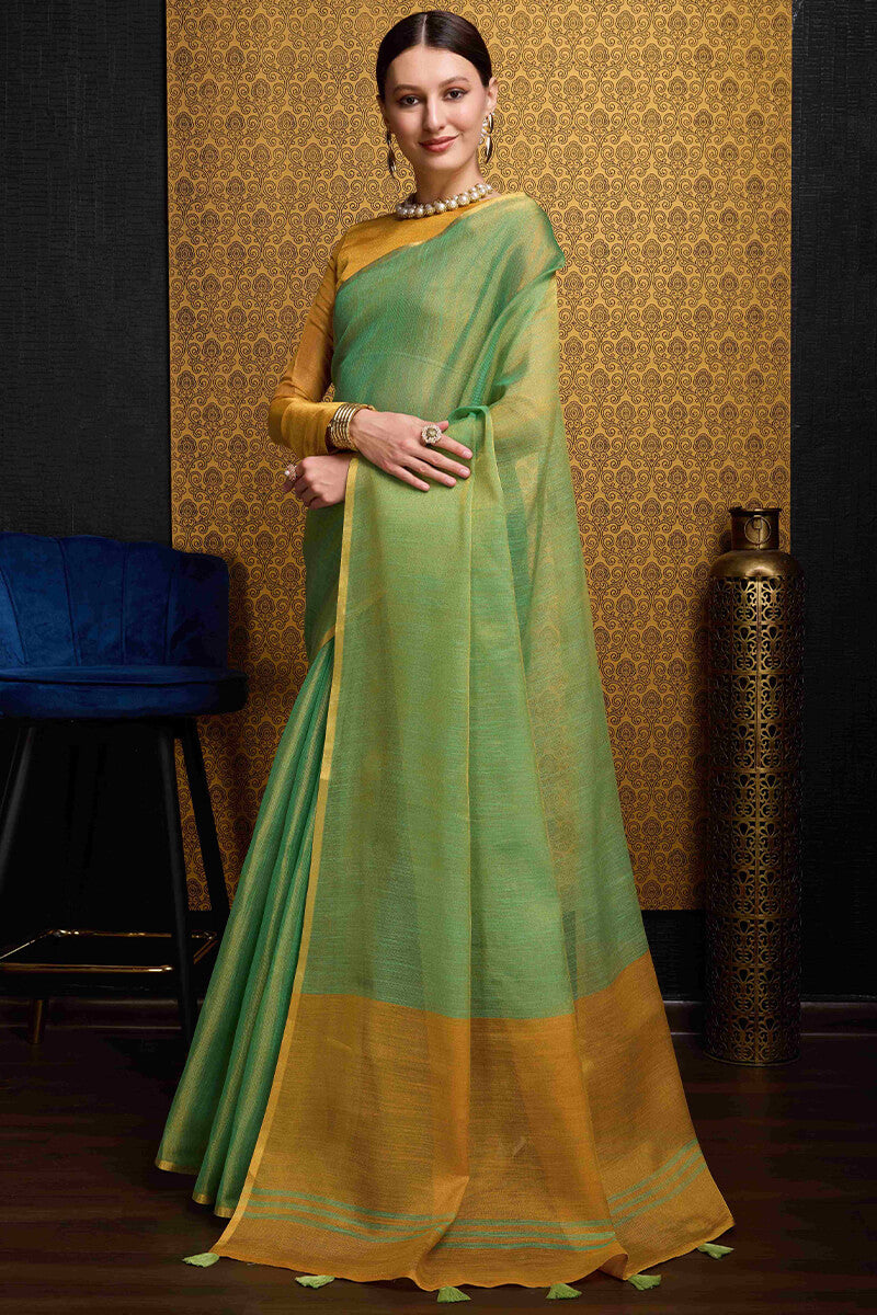 Ailurophile Sea Green Soft Banarasi Tissue Silk Saree With Marvellous Blouse Piece