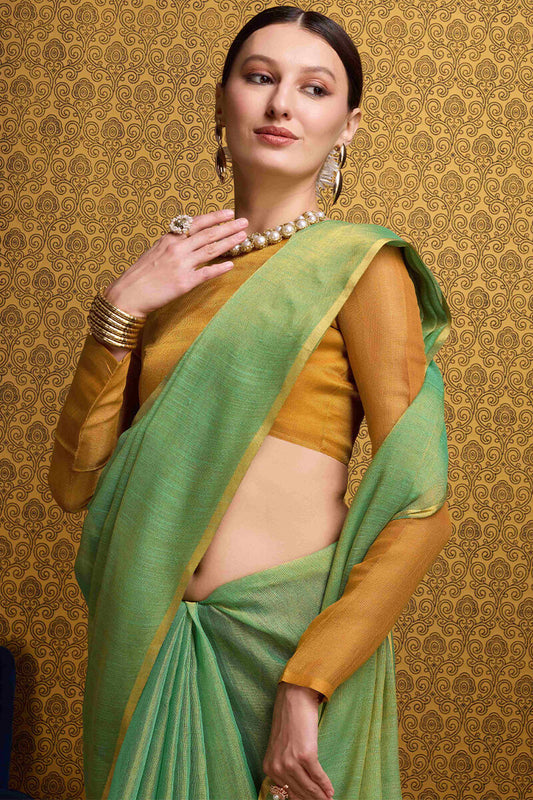 Ailurophile Sea Green Soft Banarasi Tissue Silk Saree With Marvellous Blouse Piece