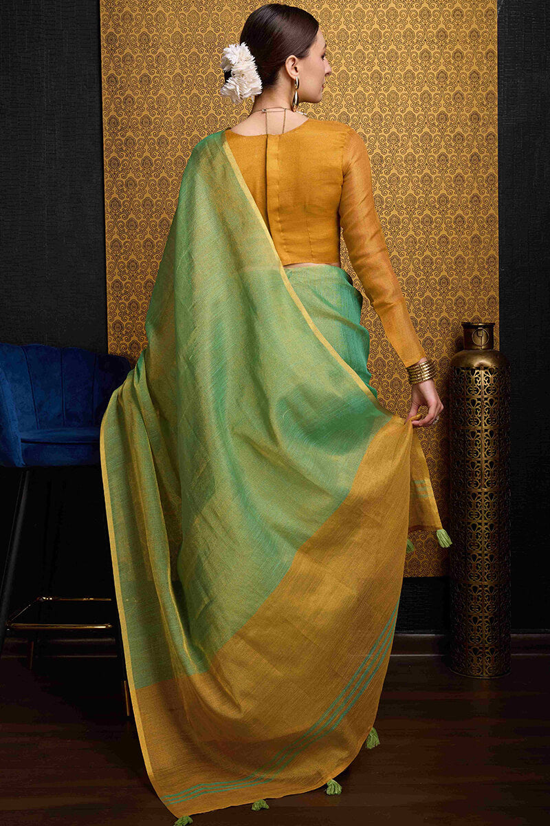 Ailurophile Sea Green Soft Banarasi Tissue Silk Saree With Marvellous Blouse Piece