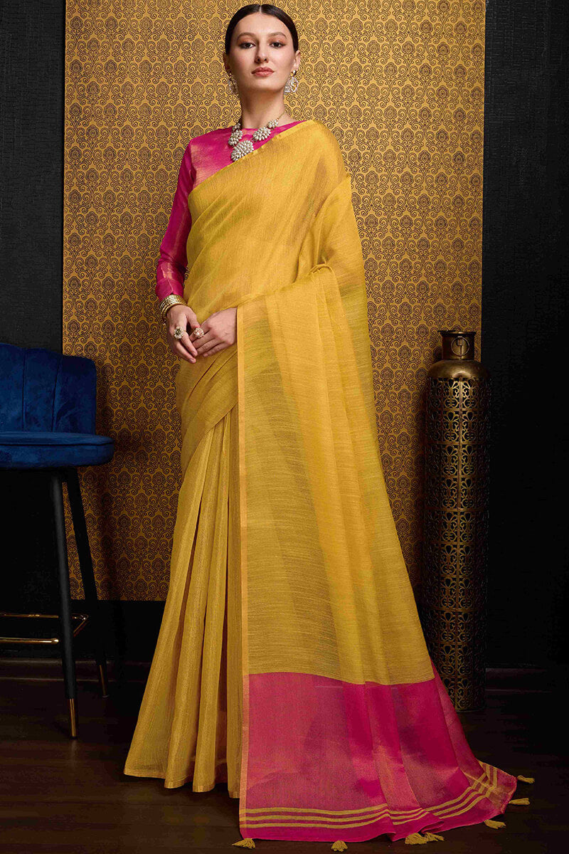 Unique Yellow Soft Banarasi Tissue Silk Saree With Chatoyant Blouse Piece