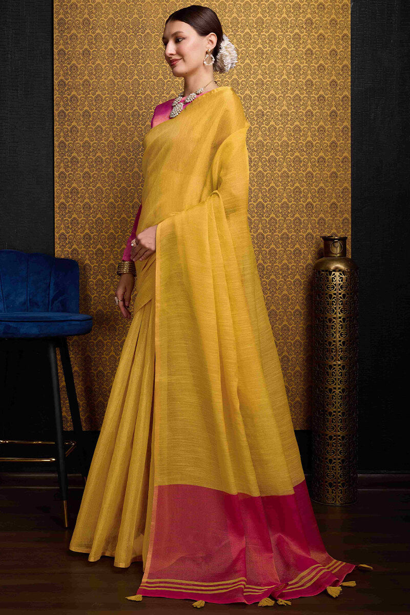 Unique Yellow Soft Banarasi Tissue Silk Saree With Chatoyant Blouse Piece
