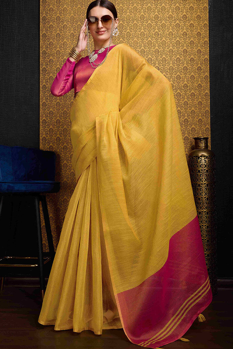 Unique Yellow Soft Banarasi Tissue Silk Saree With Chatoyant Blouse Piece