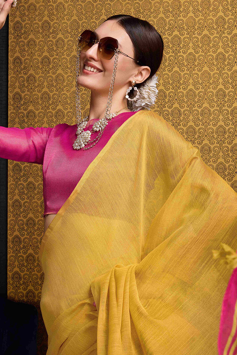 Unique Yellow Soft Banarasi Tissue Silk Saree With Chatoyant Blouse Piece