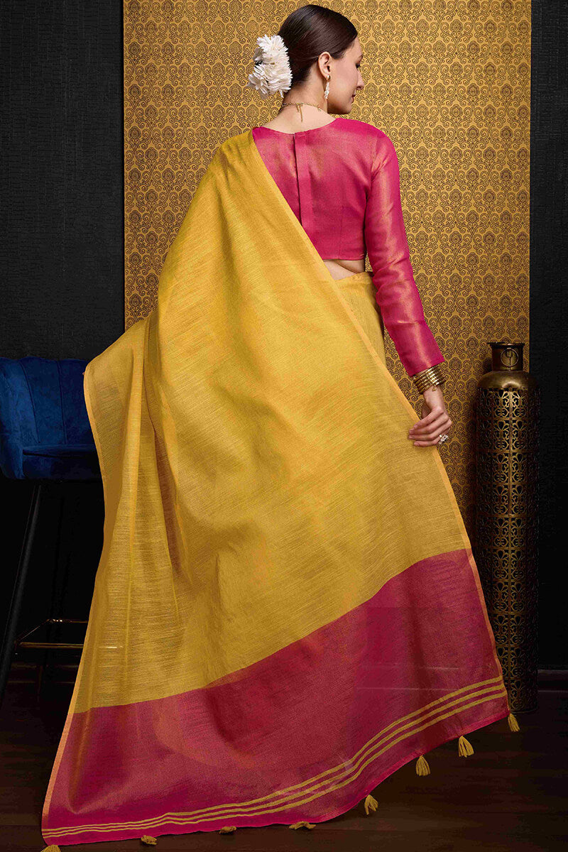 Unique Yellow Soft Banarasi Tissue Silk Saree With Chatoyant Blouse Piece