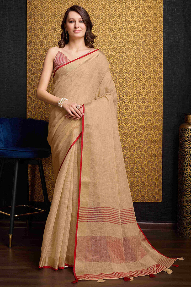 Assemblage Beige Cotton Silk Saree With Desuetude Blouse Piece