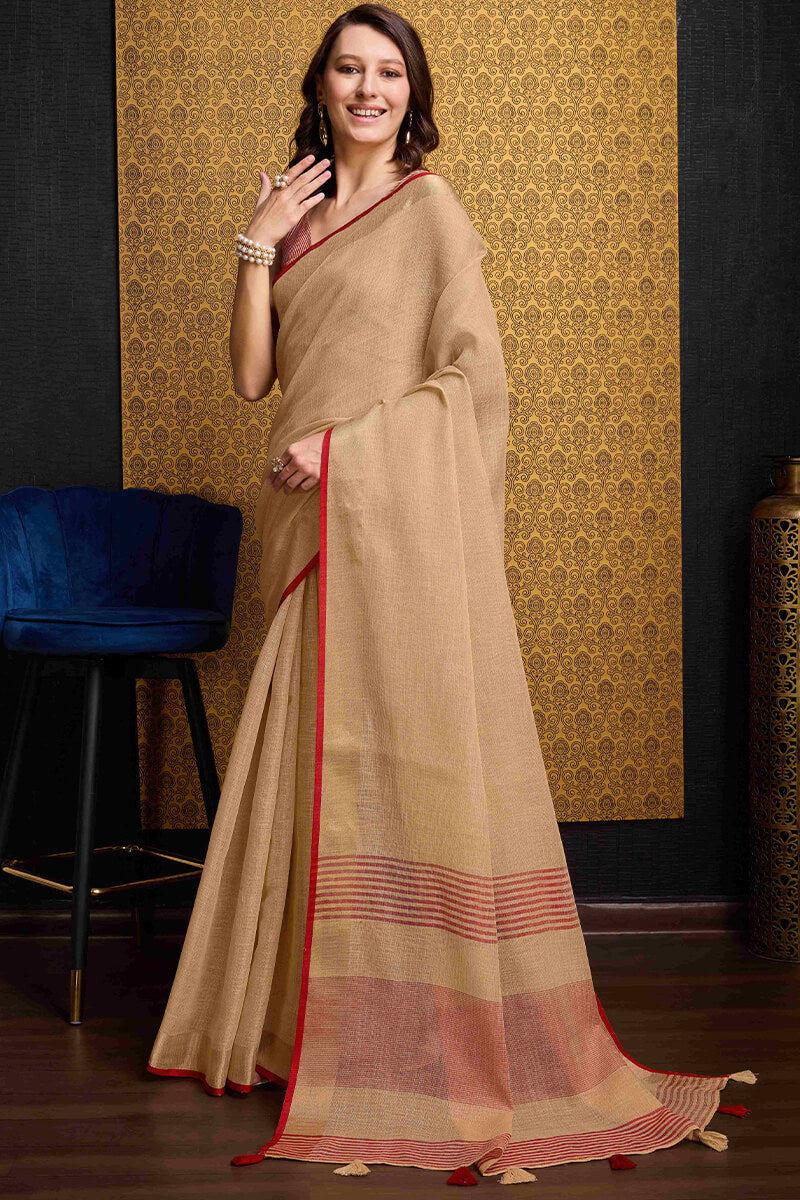 Assemblage Beige Cotton Silk Saree With Desuetude Blouse Piece