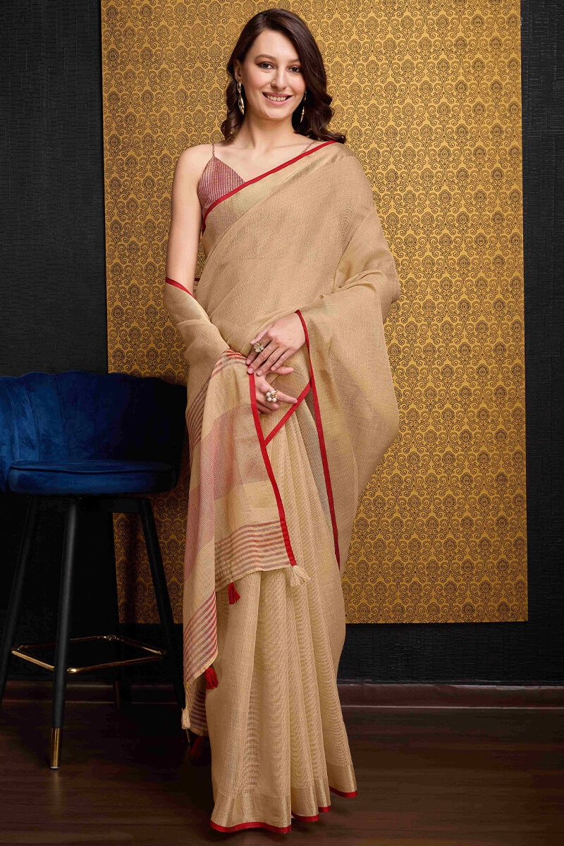 Assemblage Beige Cotton Silk Saree With Desuetude Blouse Piece