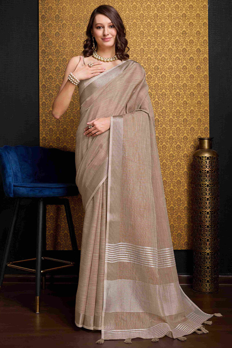 Pulsating Brown Cotton Silk Saree With Dissemble Blouse Piece