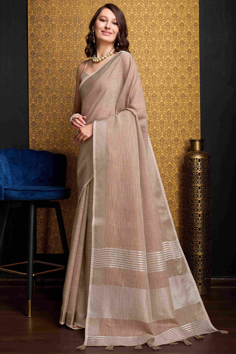 Pulsating Brown Cotton Silk Saree With Dissemble Blouse Piece