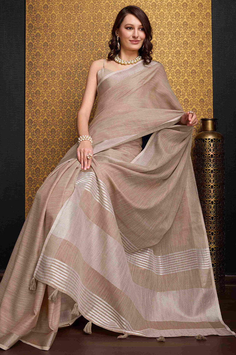 Pulsating Brown Cotton Silk Saree With Dissemble Blouse Piece