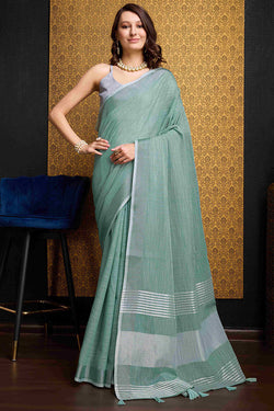 Gratifying Green Cotton Silk Saree With Groovy Blouse Piece