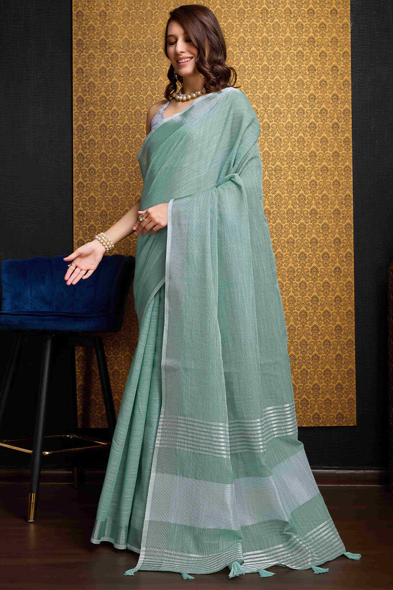 Gratifying Green Cotton Silk Saree With Groovy Blouse Piece