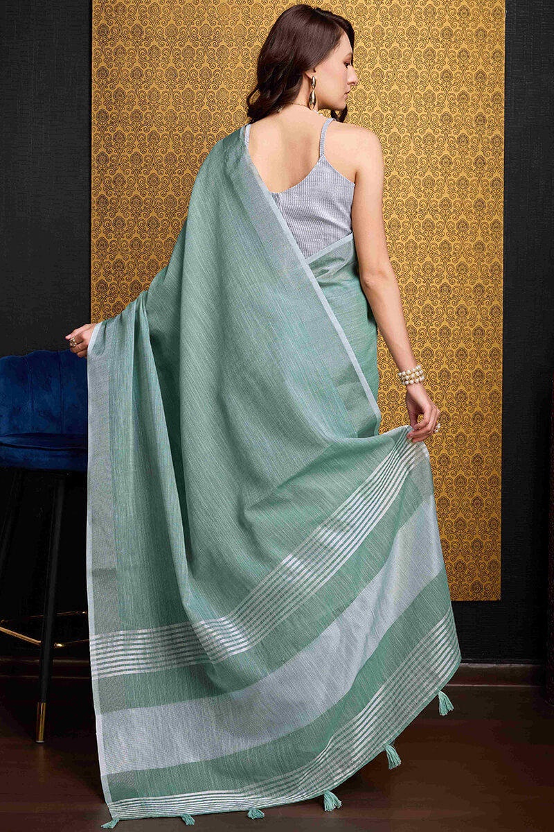 Gratifying Green Cotton Silk Saree With Groovy Blouse Piece