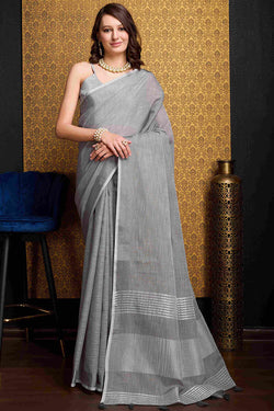 Eye-catching Grey Cotton Silk Saree With Susurrous Blouse Piece