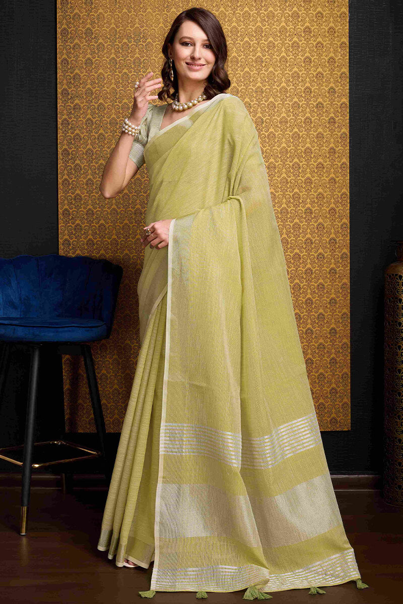 Super extravagant Mustard Cotton Silk Saree With Transcendent Blouse Piece