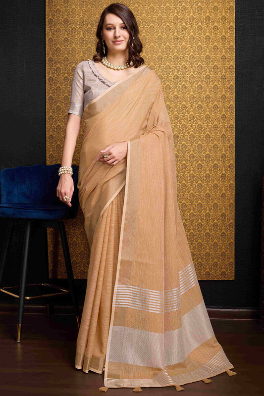 Inimitable Peach Cotton Silk Saree With Sensational Blouse Piece
