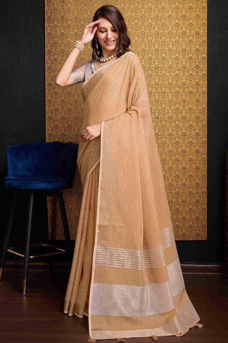Inimitable Peach Cotton Silk Saree With Sensational Blouse Piece