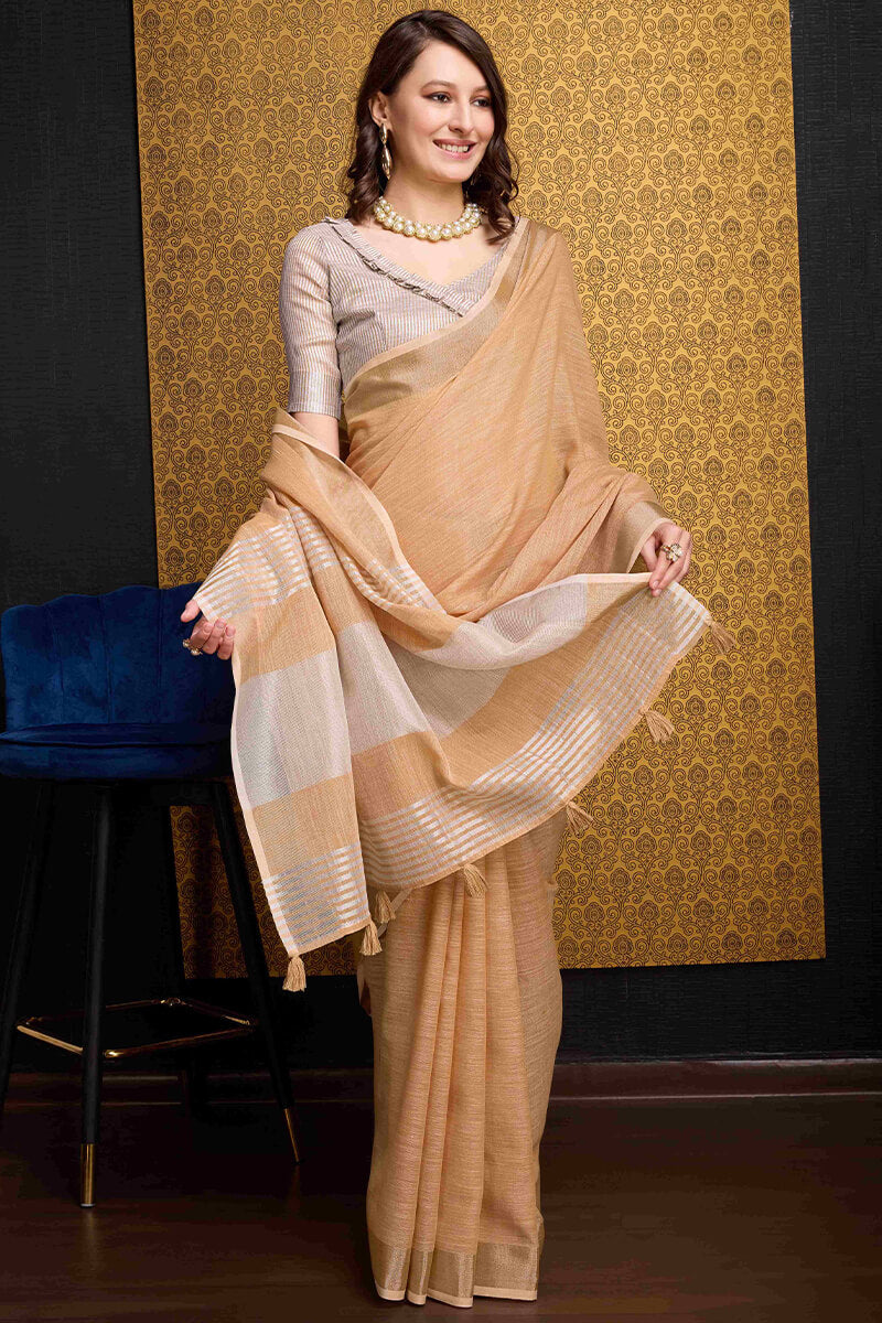 Inimitable Peach Cotton Silk Saree With Sensational Blouse Piece