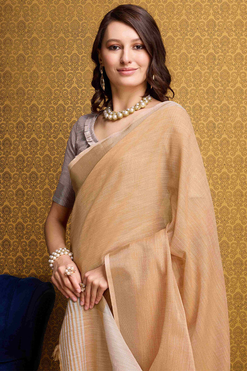 Inimitable Peach Cotton Silk Saree With Sensational Blouse Piece