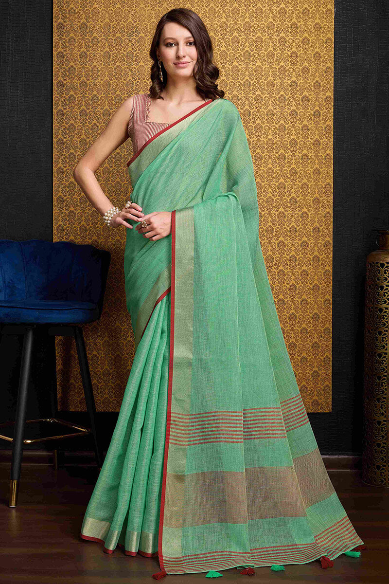 Gratifying Sea Green Cotton Silk Saree With Cynosure Blouse Piece