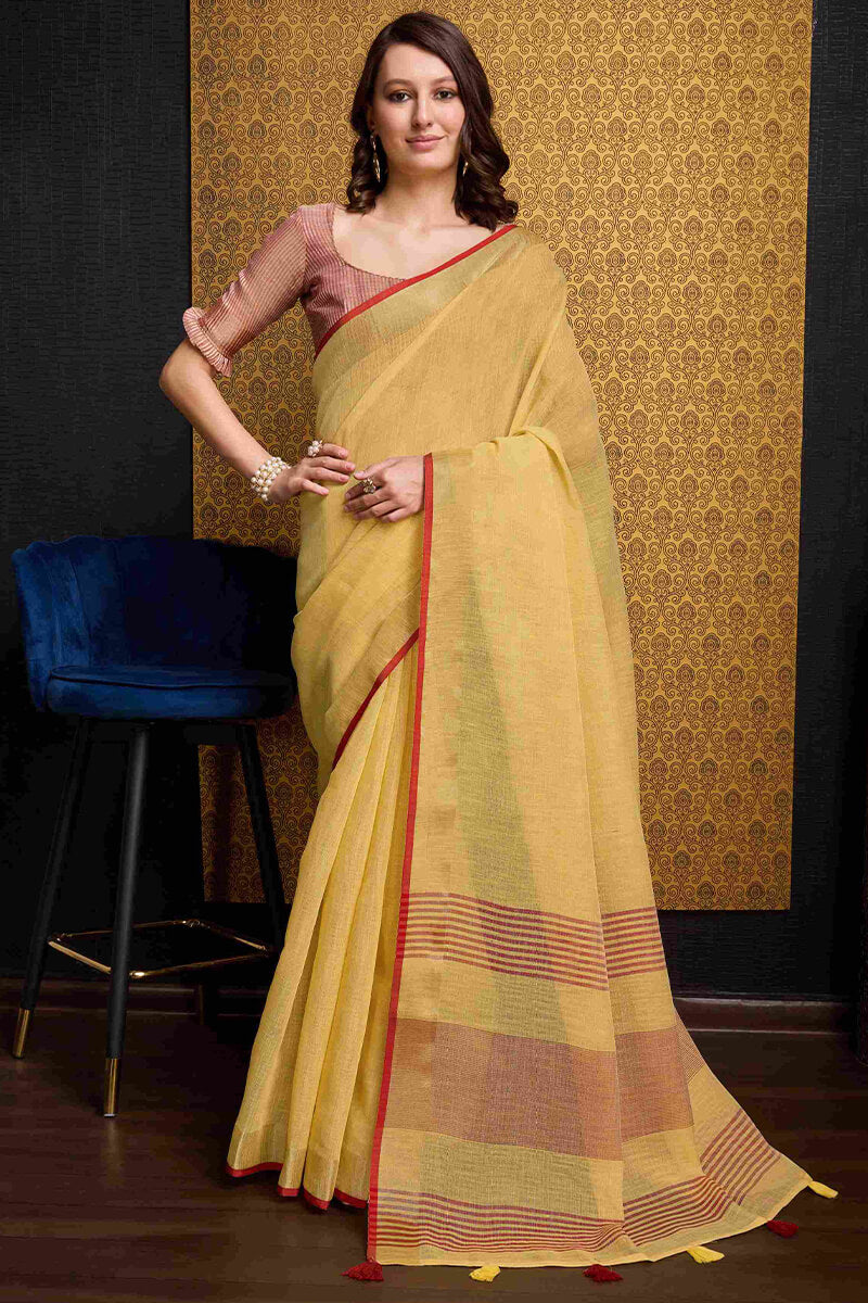 Incomparable Yellow Cotton Silk Saree With Most Stunning Blouse Piece