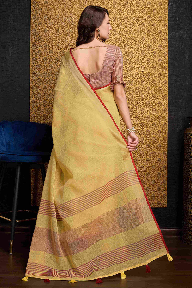 Incomparable Yellow Cotton Silk Saree With Most Stunning Blouse Piece