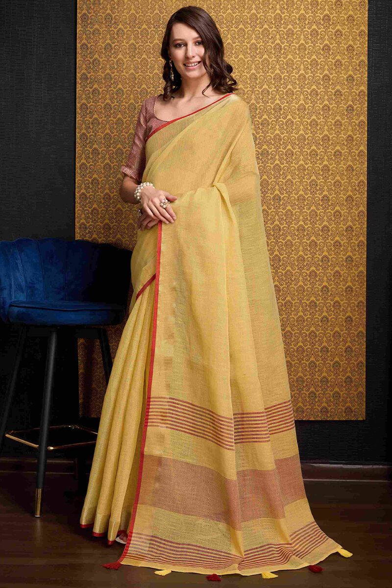 Incomparable Yellow Cotton Silk Saree With Most Stunning Blouse Piece