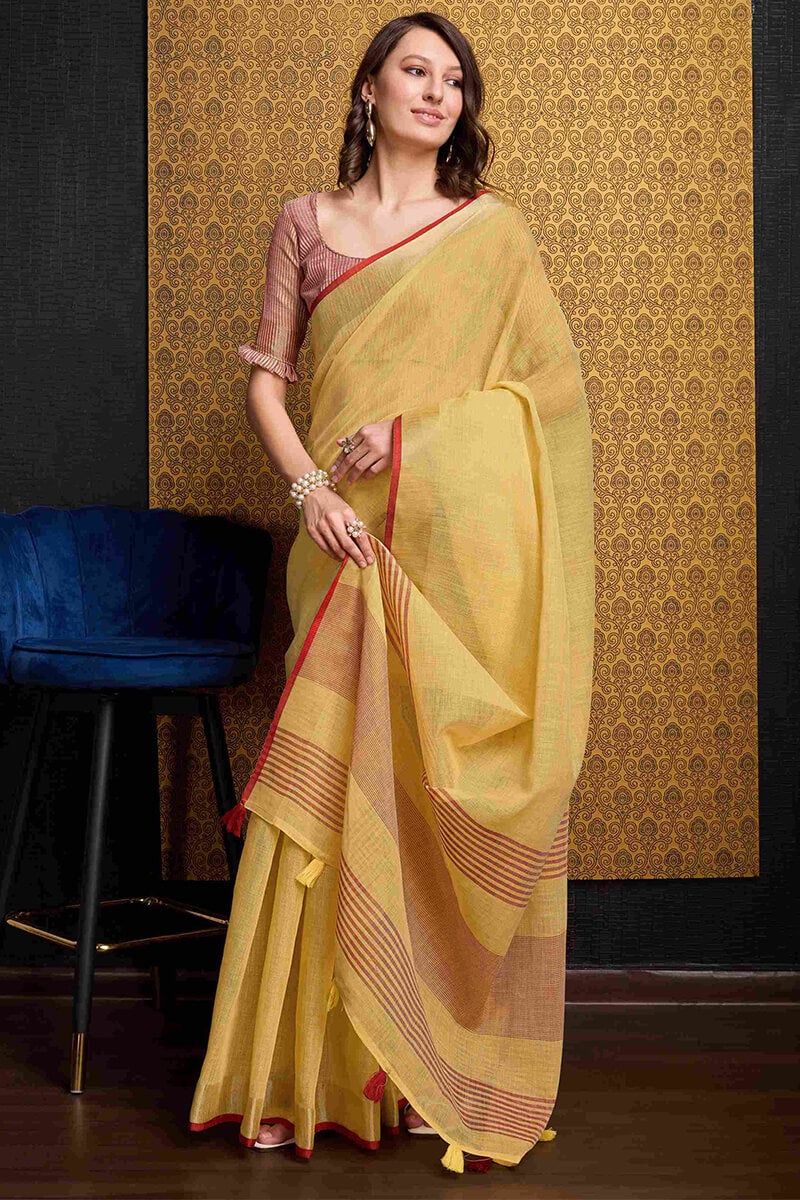 Incomparable Yellow Cotton Silk Saree With Most Stunning Blouse Piece