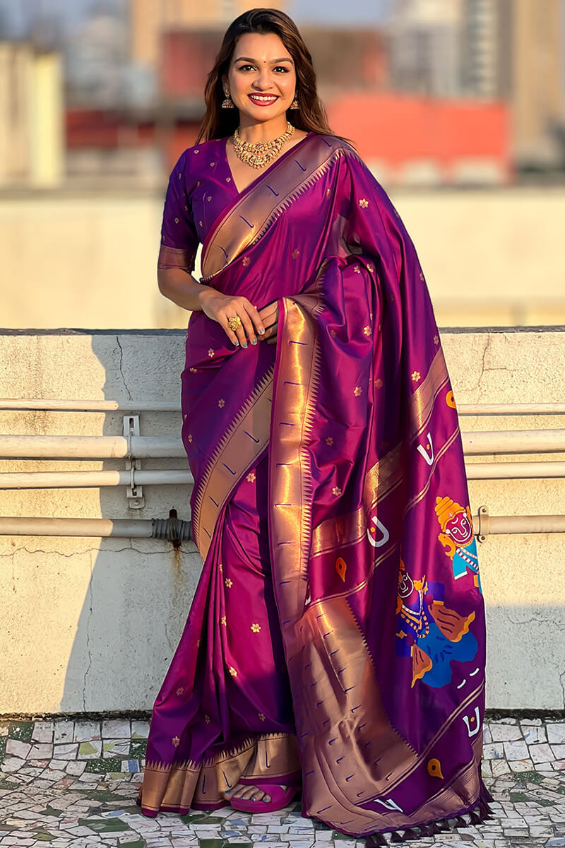 Skinny Purple Paithani Silk Saree With Girlish Blouse Piece