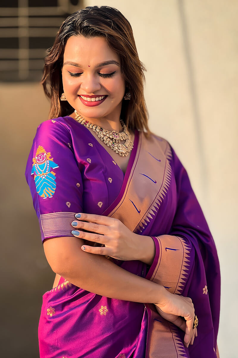 Skinny Purple Paithani Silk Saree With Girlish Blouse Piece