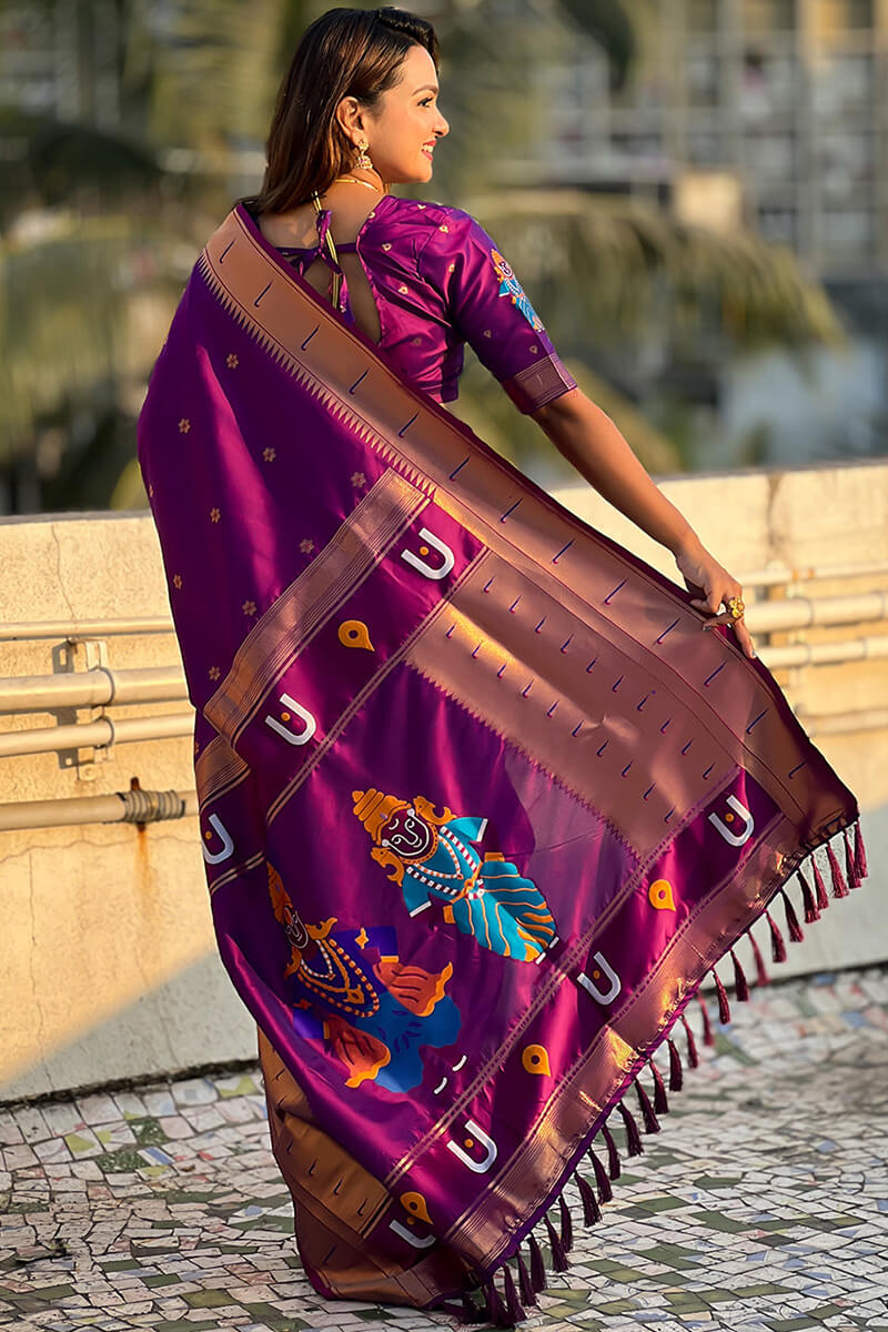 Skinny Purple Paithani Silk Saree With Girlish Blouse Piece