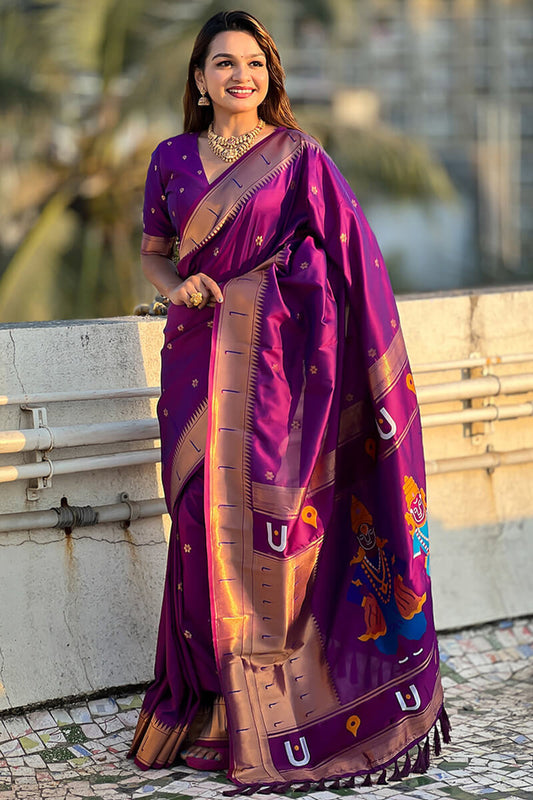 Skinny Purple Paithani Silk Saree With Girlish Blouse Piece
