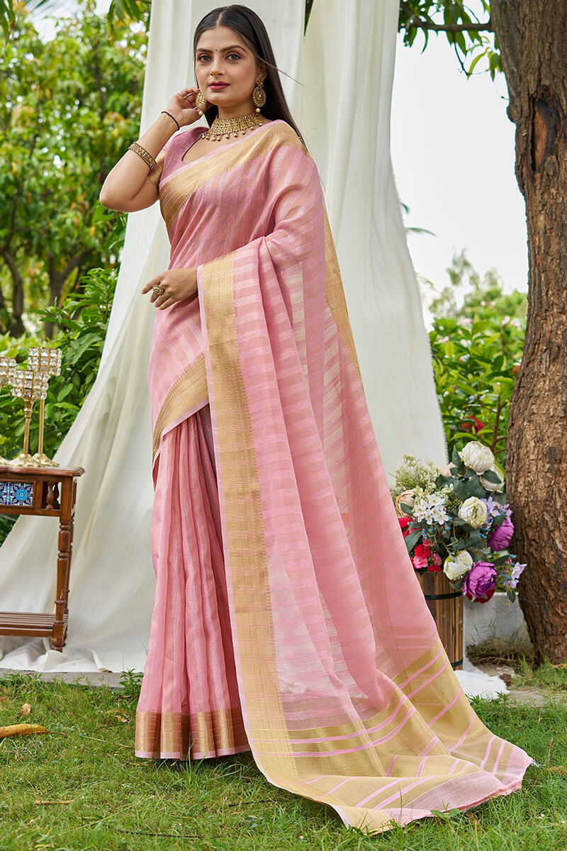 Elegant Baby Pink Cotton Silk Saree With Panoply Blouse Piece