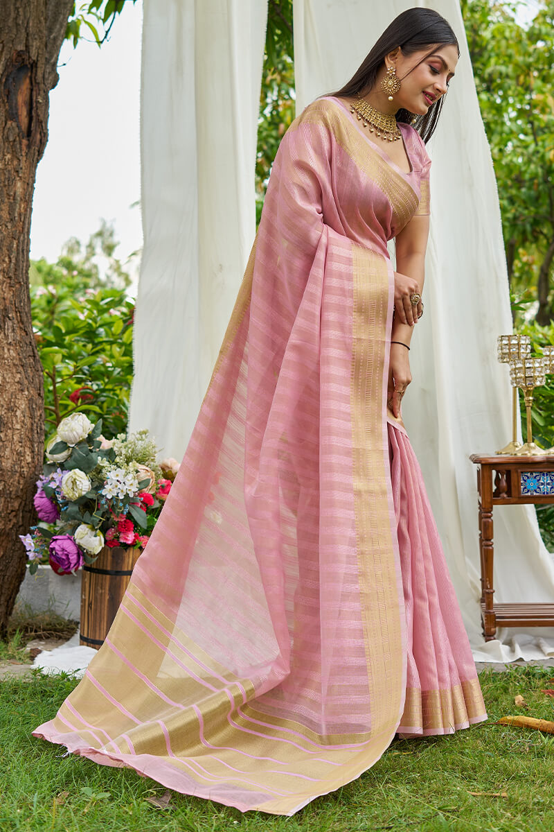 Elegant Baby Pink Cotton Silk Saree With Panoply Blouse Piece