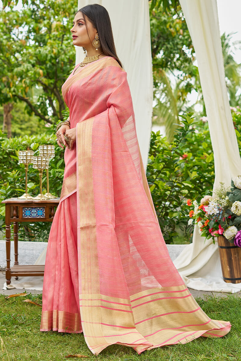 Gossamer Pink Cotton Silk Saree With Murmurous Blouse Piece