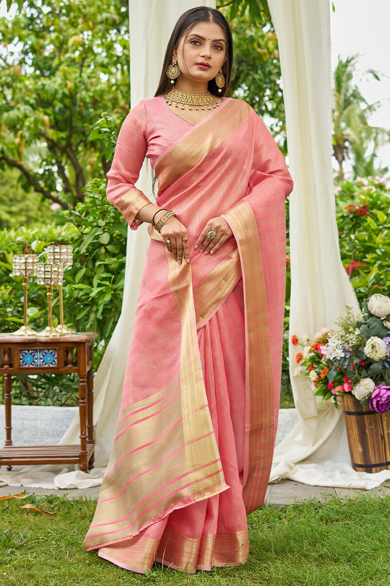 Gossamer Pink Cotton Silk Saree With Murmurous Blouse Piece