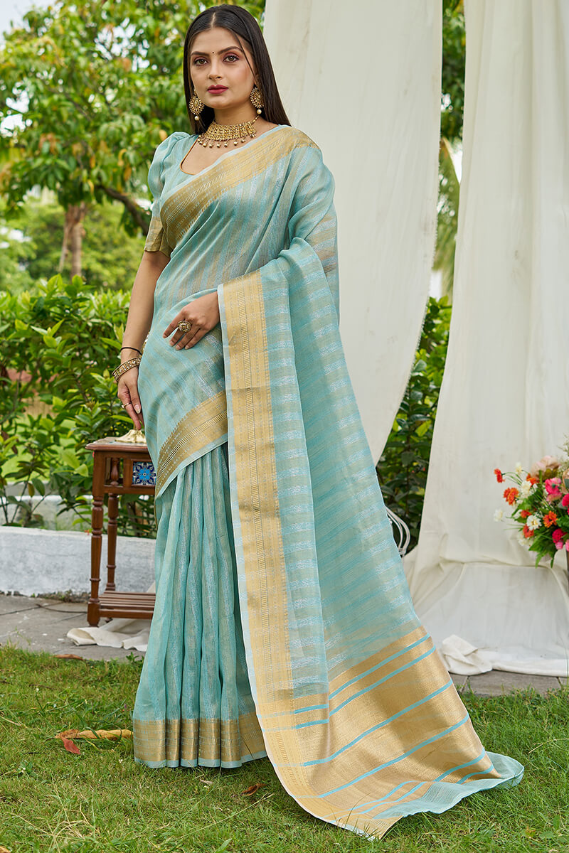 Captivating Sky Cotton Silk Saree With Surpassing Blouse Piece