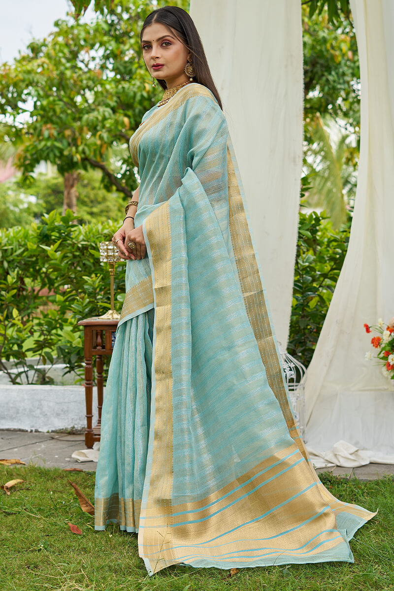 Captivating Sky Cotton Silk Saree With Surpassing Blouse Piece